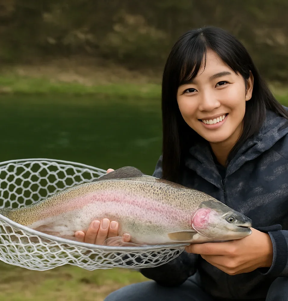 テンパウンドでニジマスを釣る女性