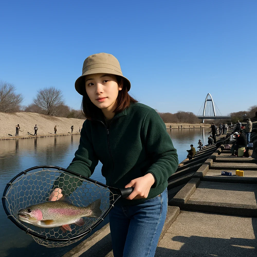 北方ます釣り場でニジマスを釣る女性