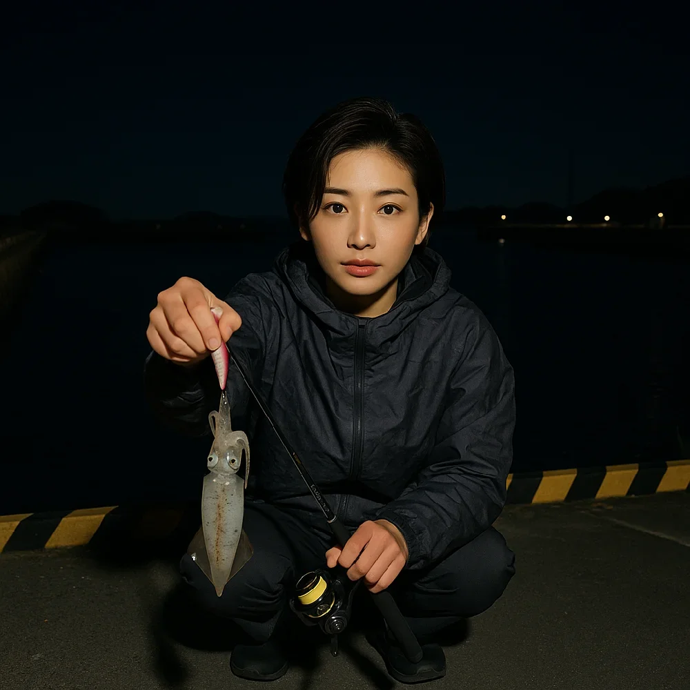 知柄漁港でヒイカを釣る佐伯