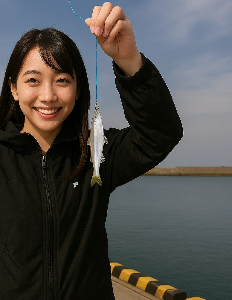 旭浜漁港でキュウリウオを釣る女性