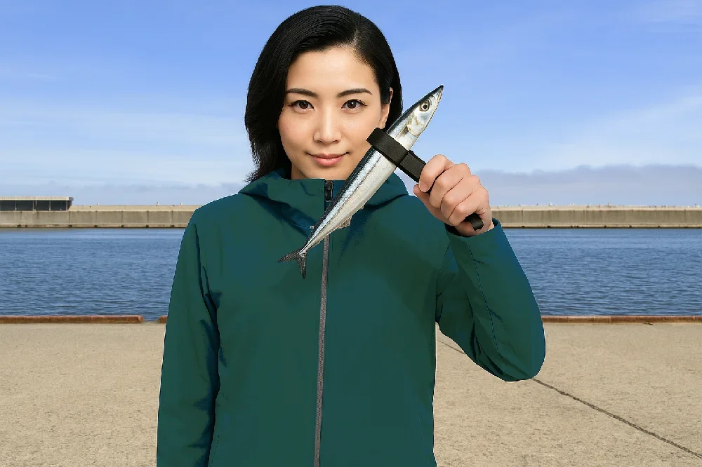 網走港でサンマを釣る女性