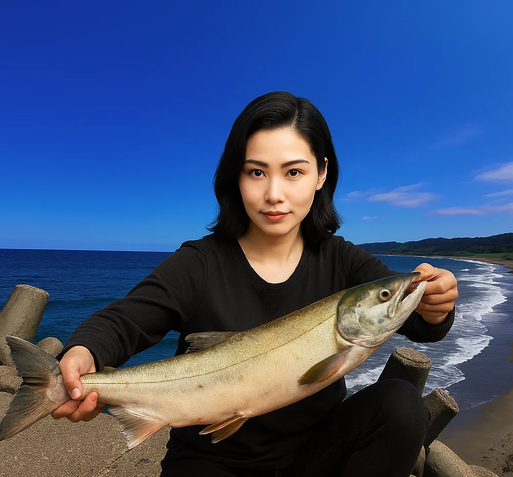 能取湖でサケを釣る女性