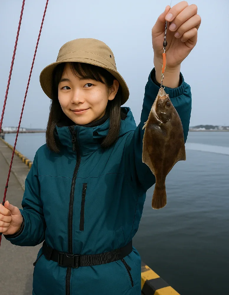 サロマ湖でカレイを釣る女性