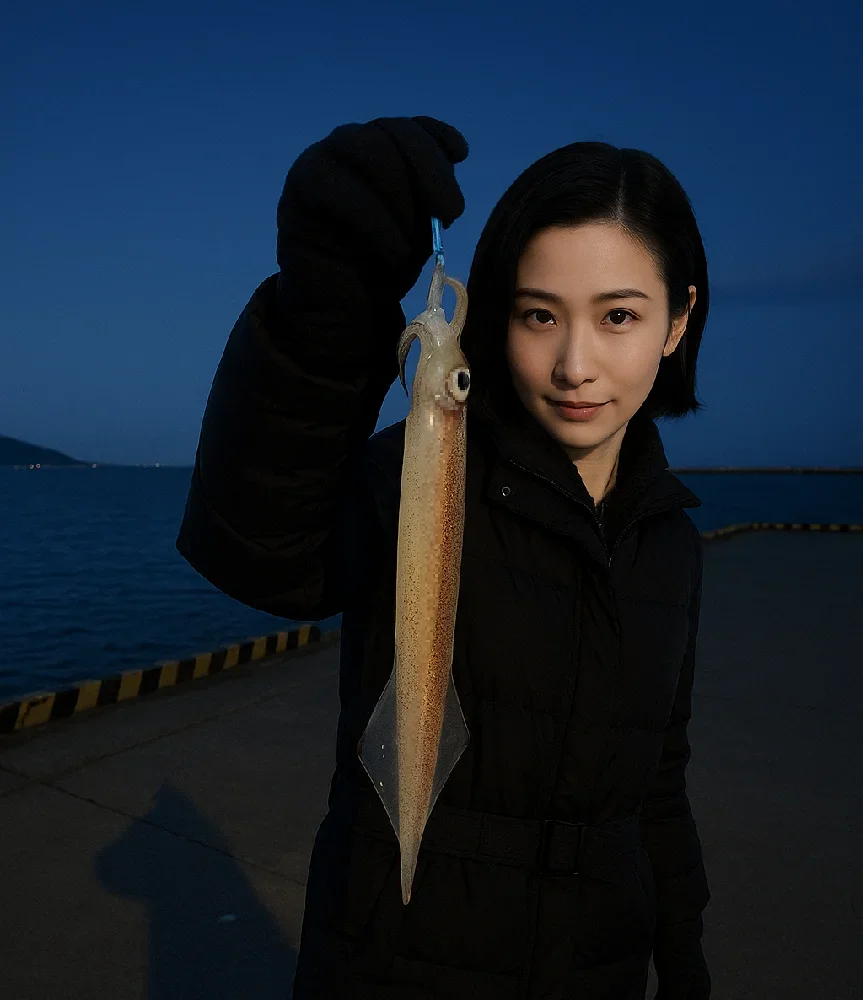 稚内港でイカを釣る女性