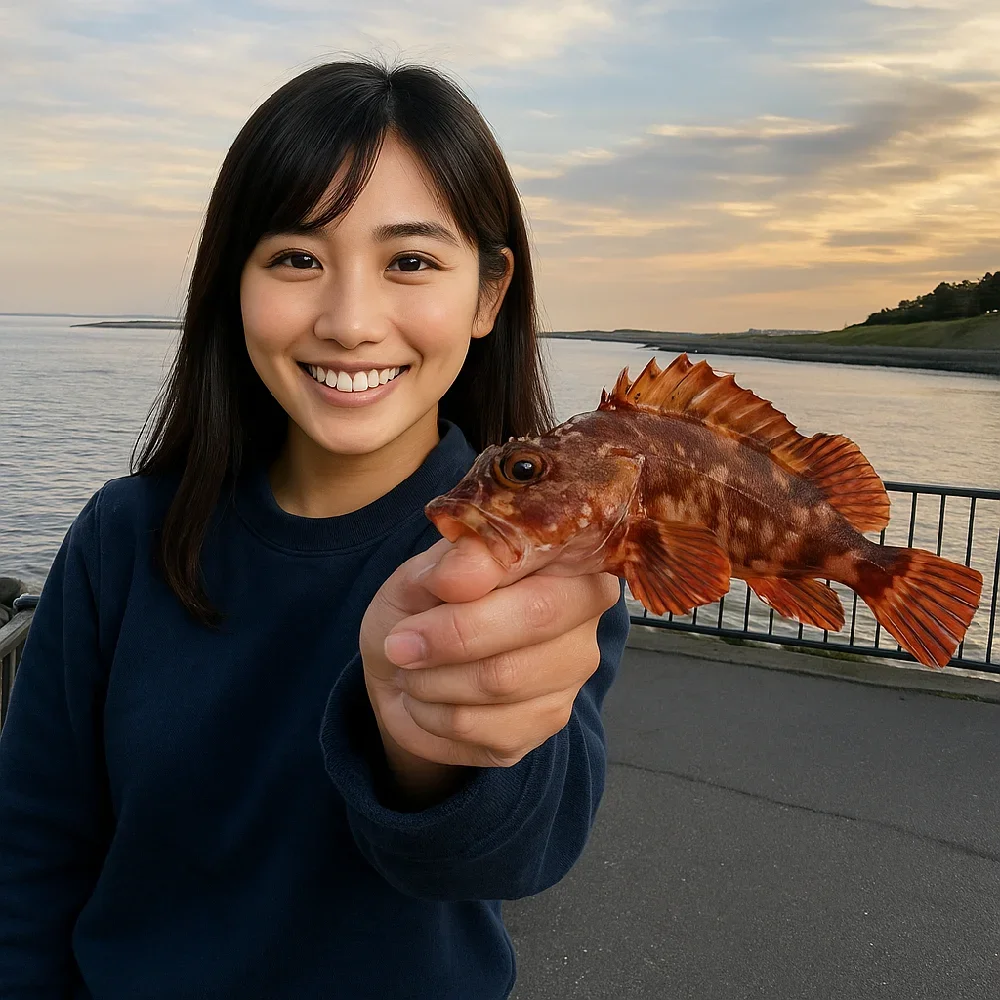 関屋分水河口付近でカサゴを釣る黒川
