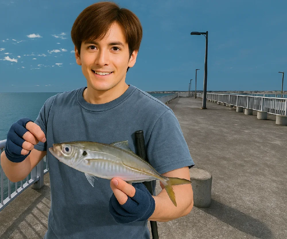 飯岡漁港でアジを釣る久良木