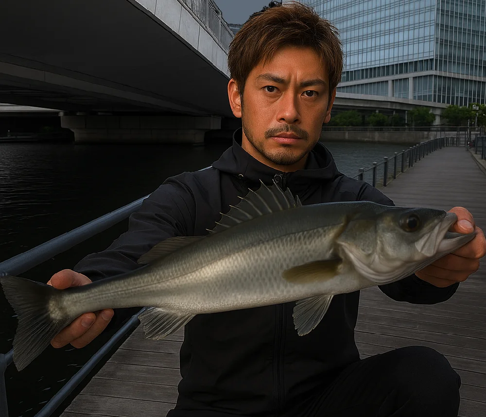 大岡川河口明暗撃ちでシーバスを釣る男性