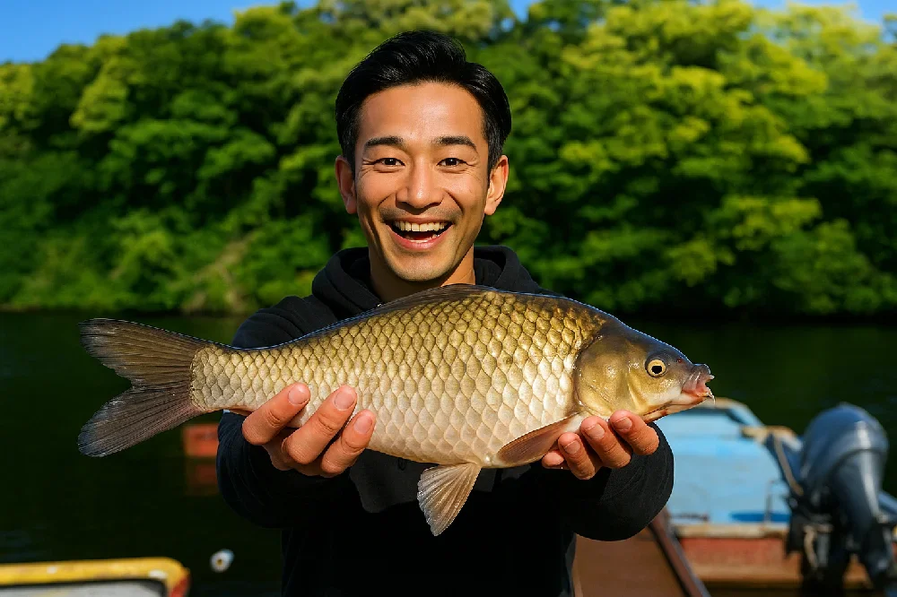 三島湖でヘラブナを釣る勝田