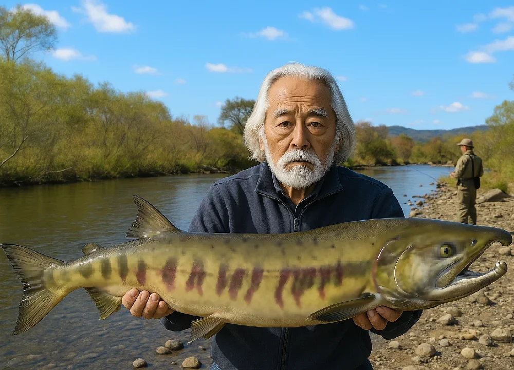 浜益川の有効利用調査でサケを釣る米田