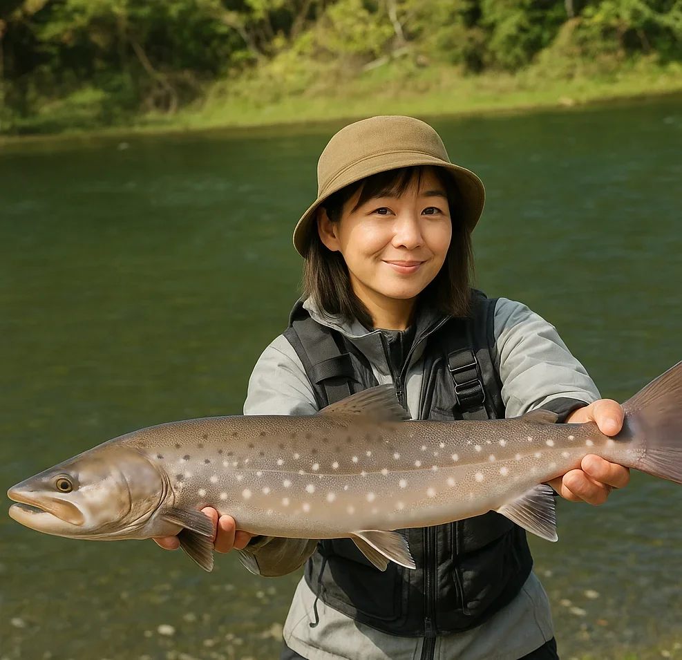 渚滑川でアメマスを釣る女性