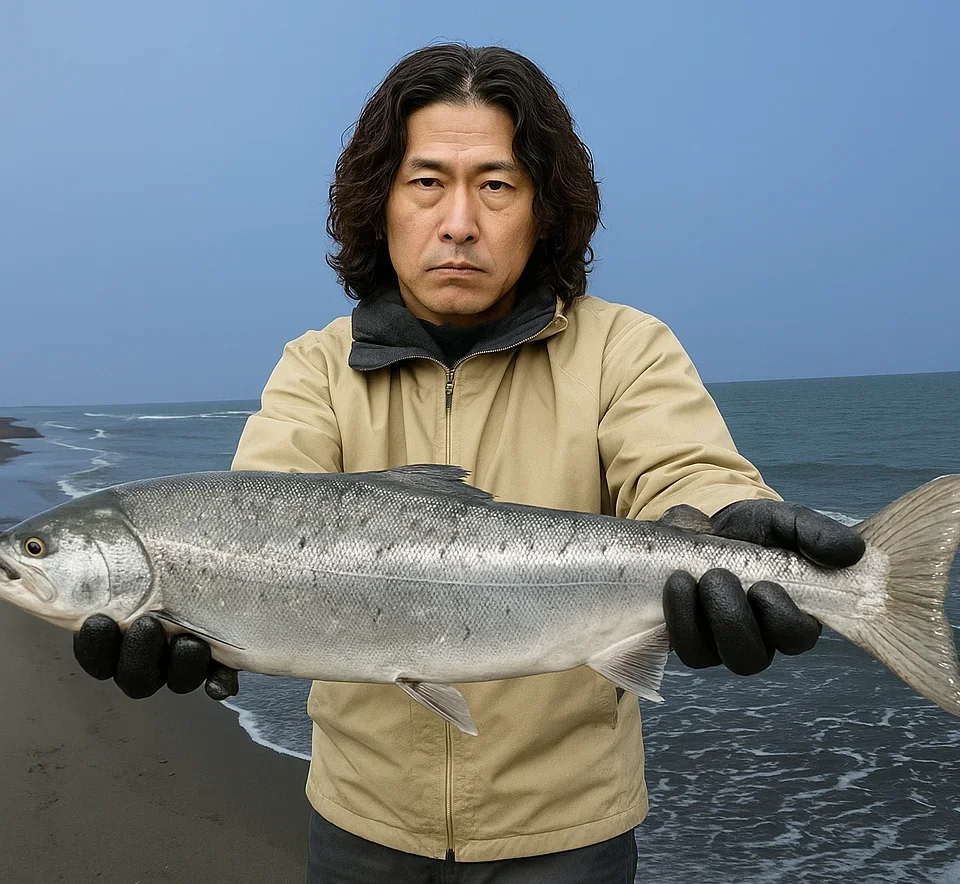 無煙浜でサクラマスを釣る岸本
