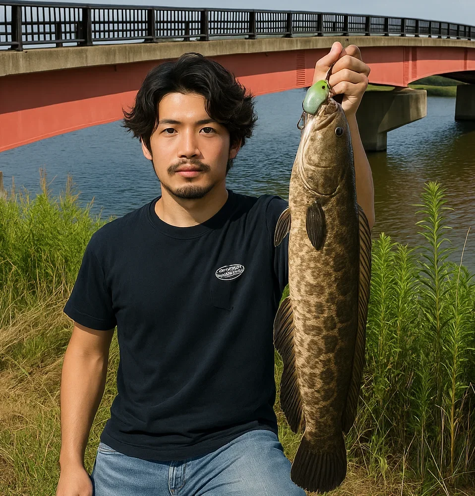 与田浦でライギョを釣る澤田