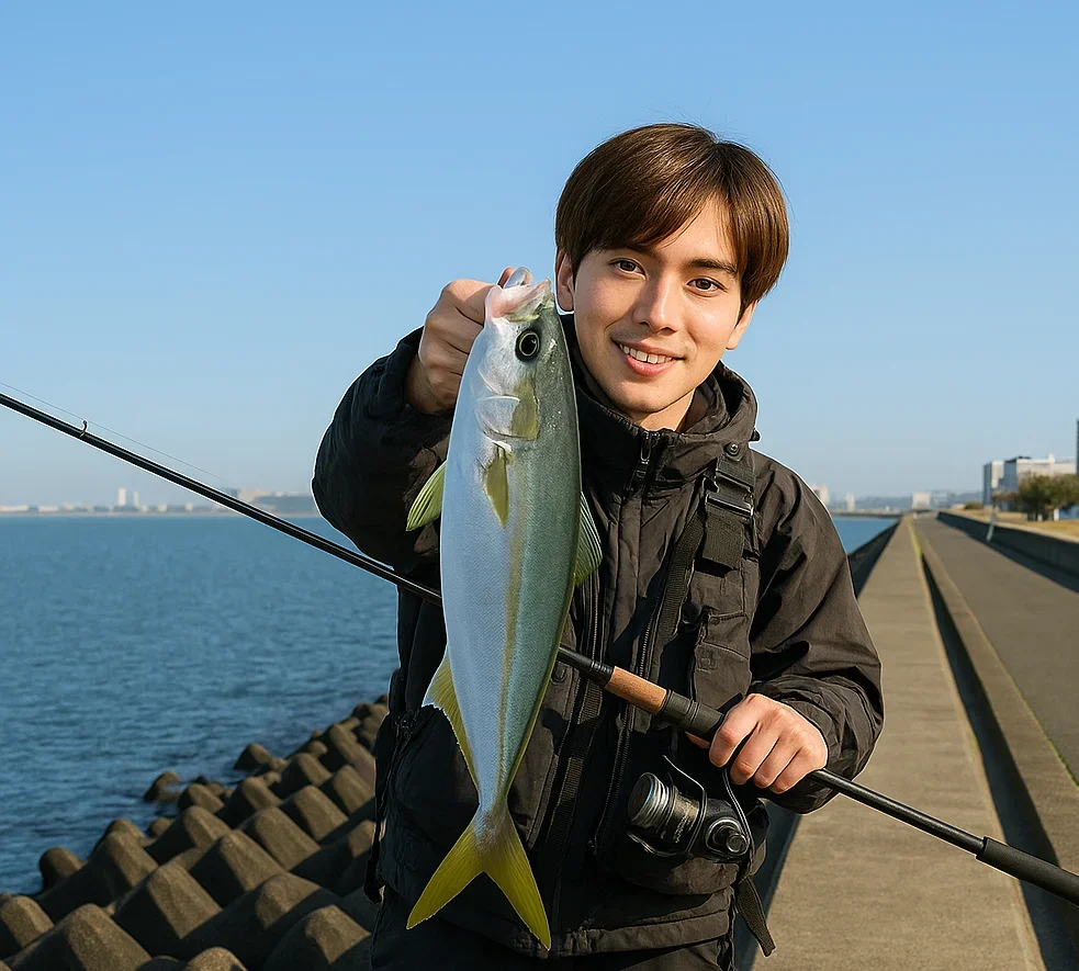 茜浜緑地でイナダを釣る久良木