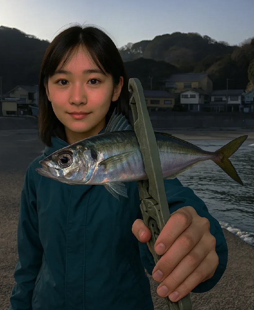 松部港でアジを釣る森永