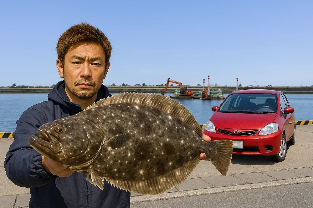 銚子外港でヒラメを釣る男性
