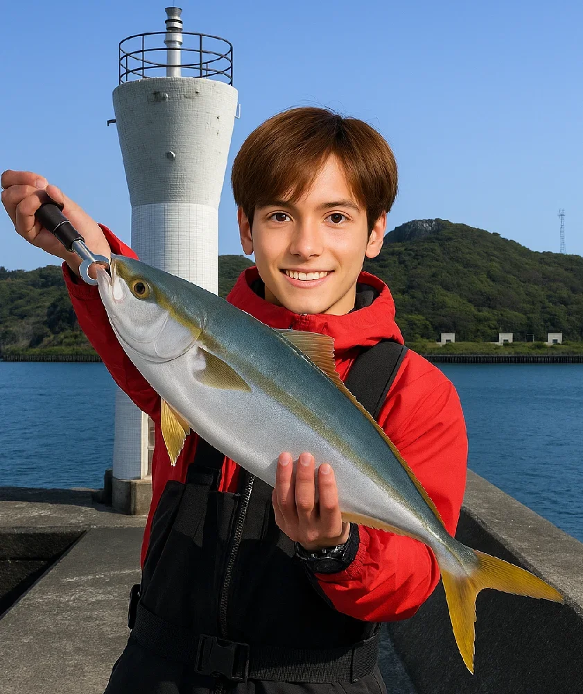 下田犬走島堤防でイナダを釣る久良木