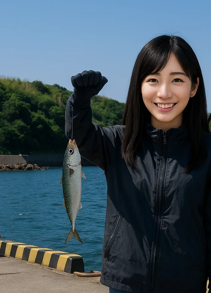 知柄漁港でサバを釣る黒川