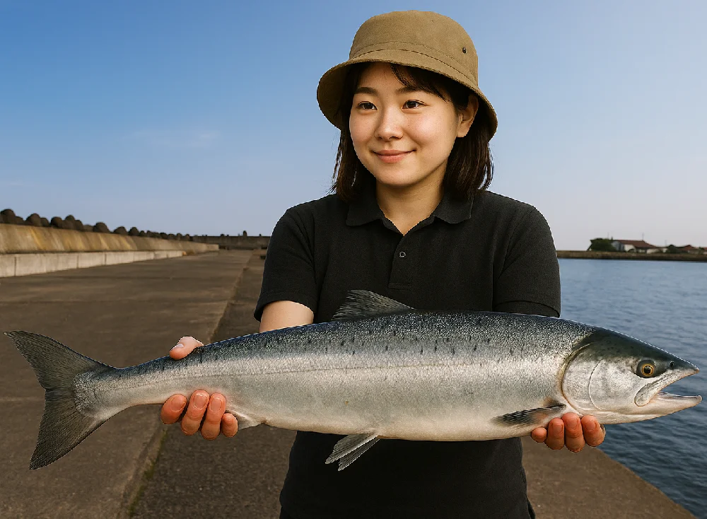 厚内漁港で鮭を釣る女性