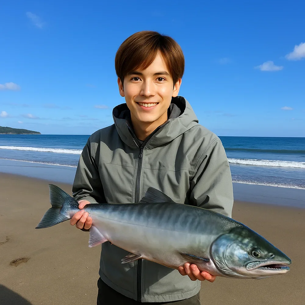 網走港横の海岸でサケを釣った男性