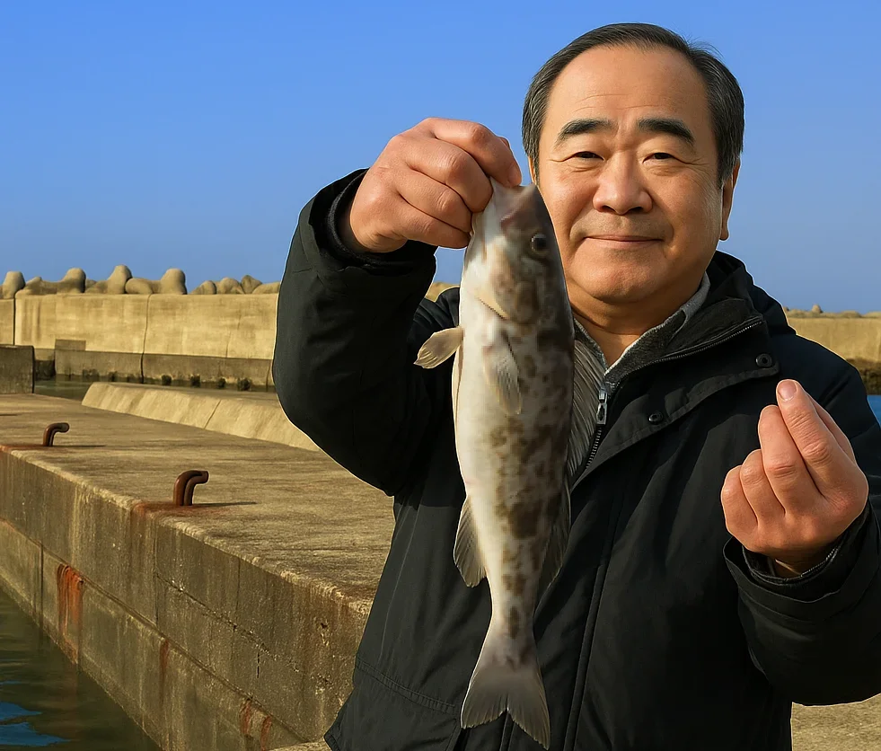 雄冬漁港でホッケを釣る持田