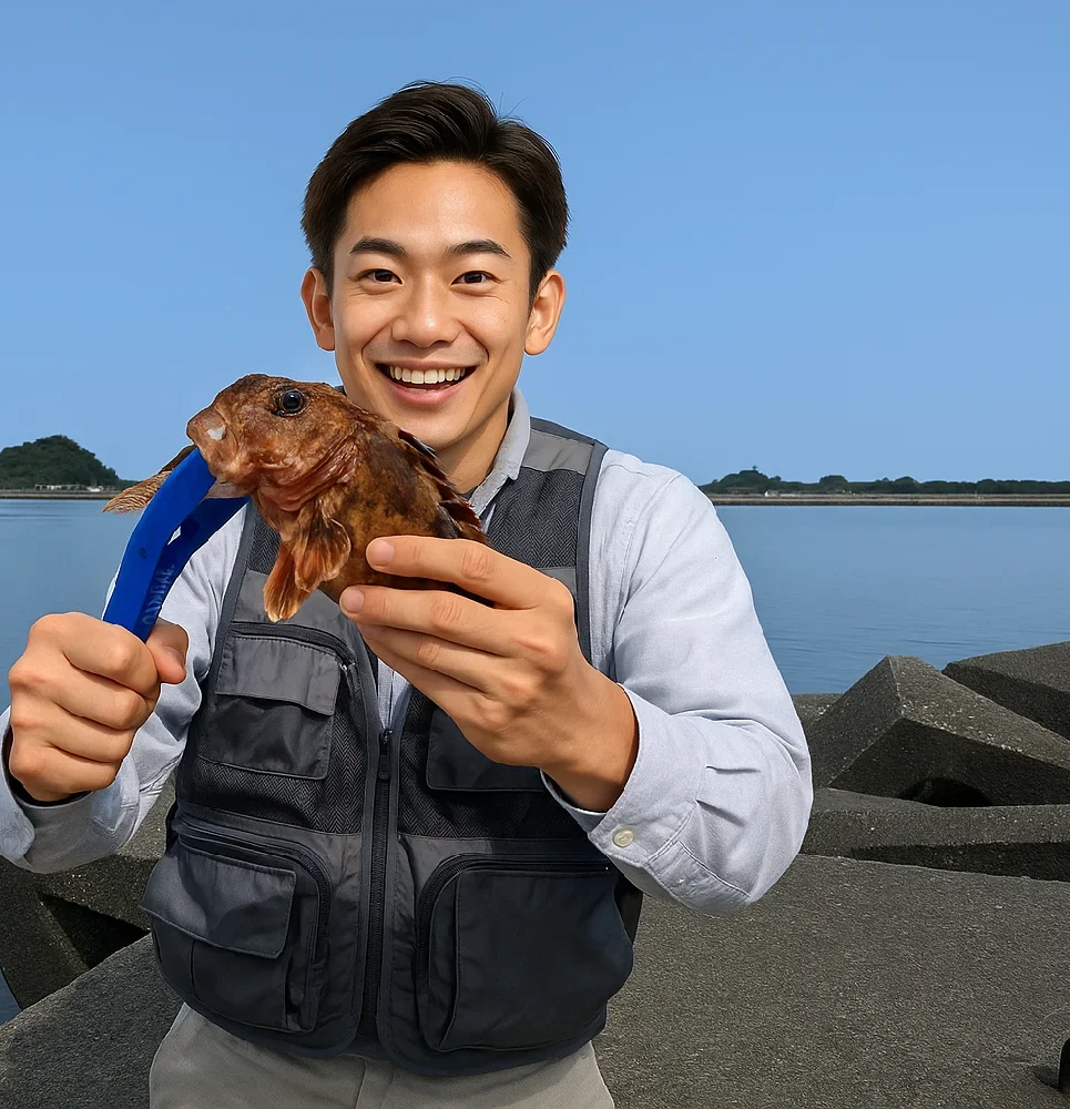 能生漁港でカサゴを釣る男性