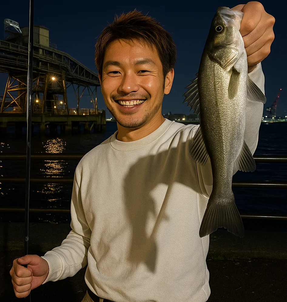 磯子日清オイリオ横でシーバスを釣る男性