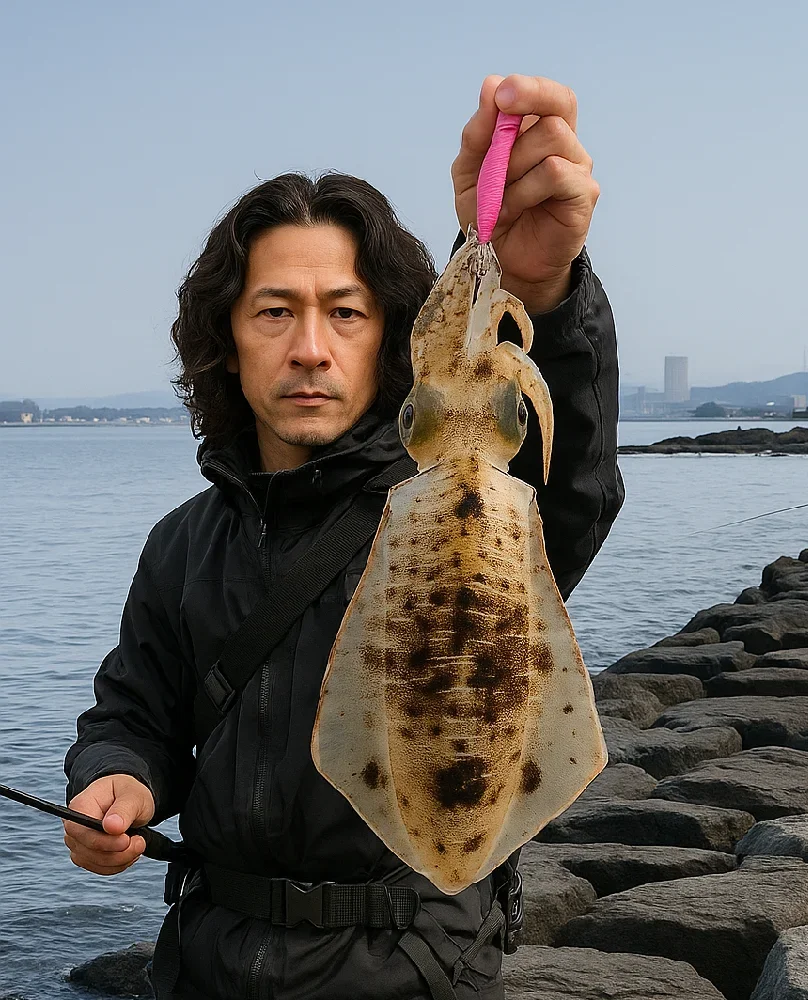 沖ノ島護岸でエギングをする岸本