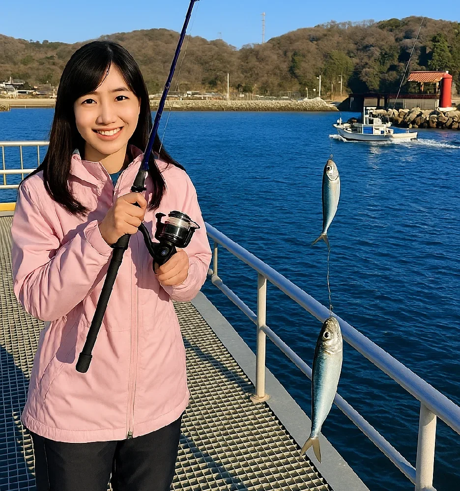 豊浜釣り桟橋でイワシを釣る黒川