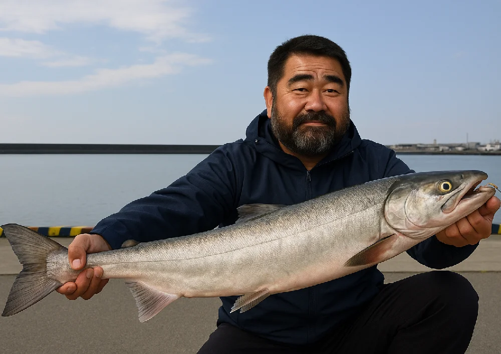 十勝港で鮭を釣った男性