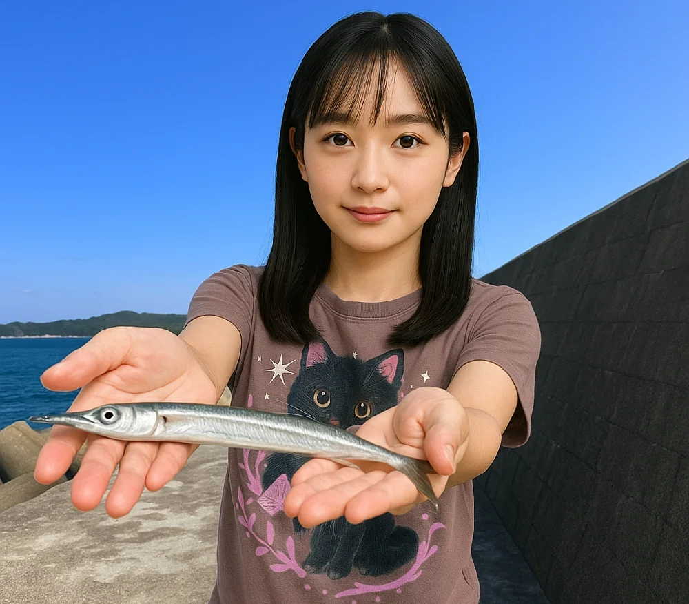 鴨川漁港でサヨリを釣る国生