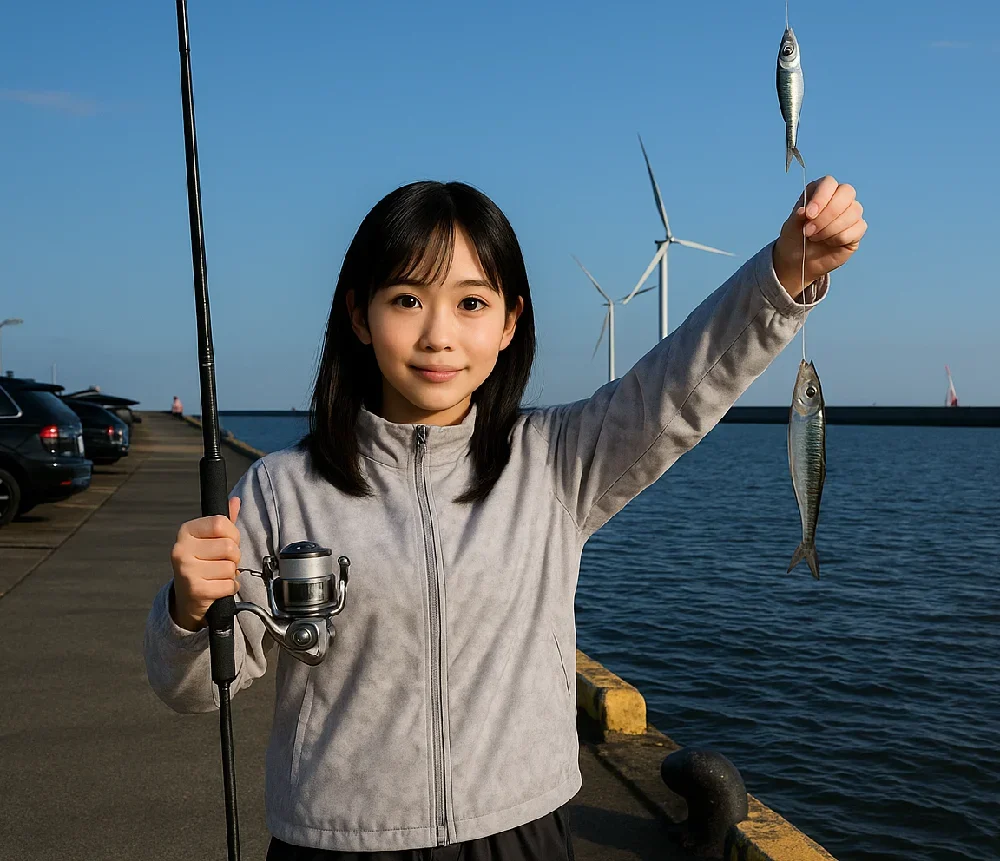 波崎新港でサビキ釣りをする女性