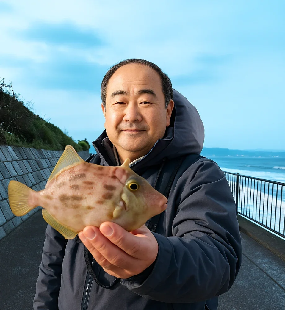 稲村ケ崎東側の護岸でカワハギを釣る持田