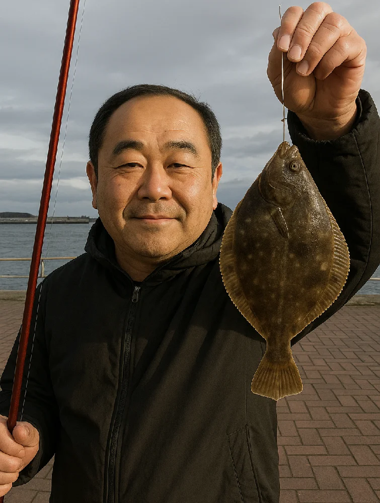 山下公園でカレイを釣る男性
