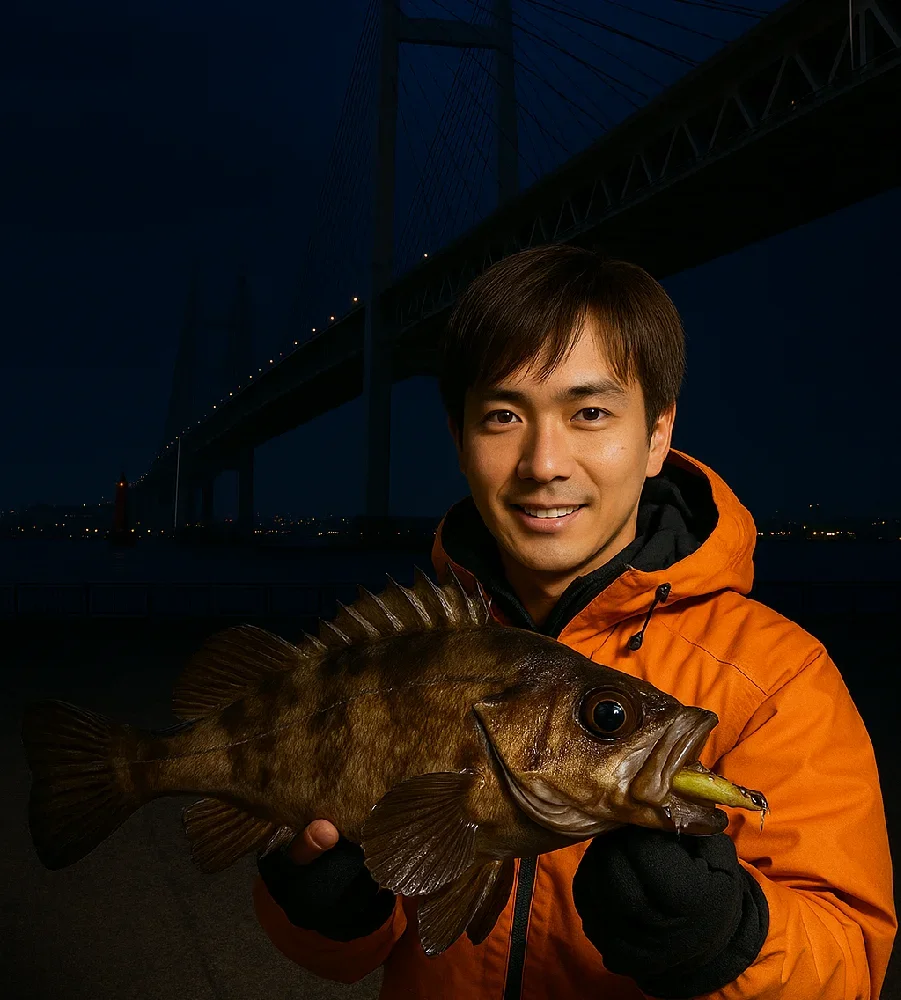大黒埠頭西緑地でメバルを釣る男性