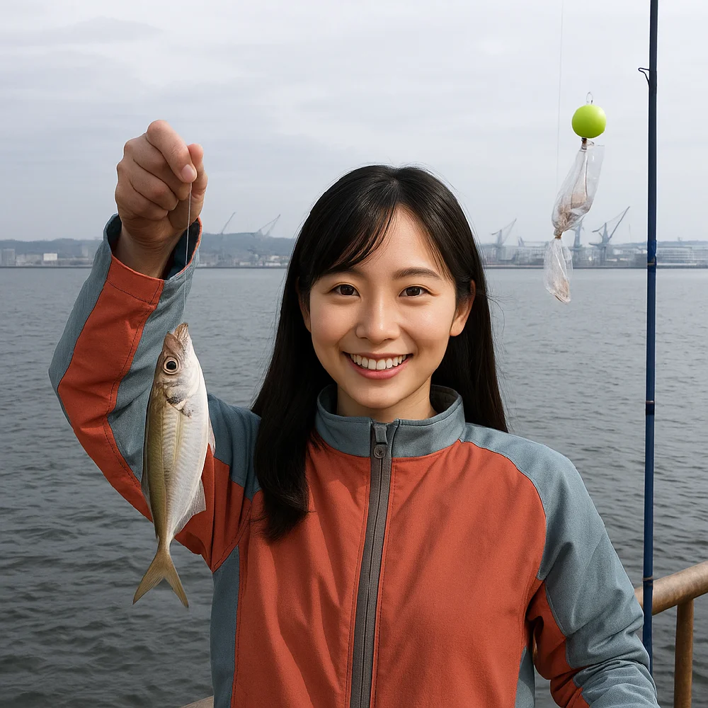 磯子海釣り施設でウキサビキでアジを釣る女性