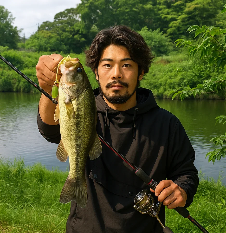 花見川でバスを釣る澤田