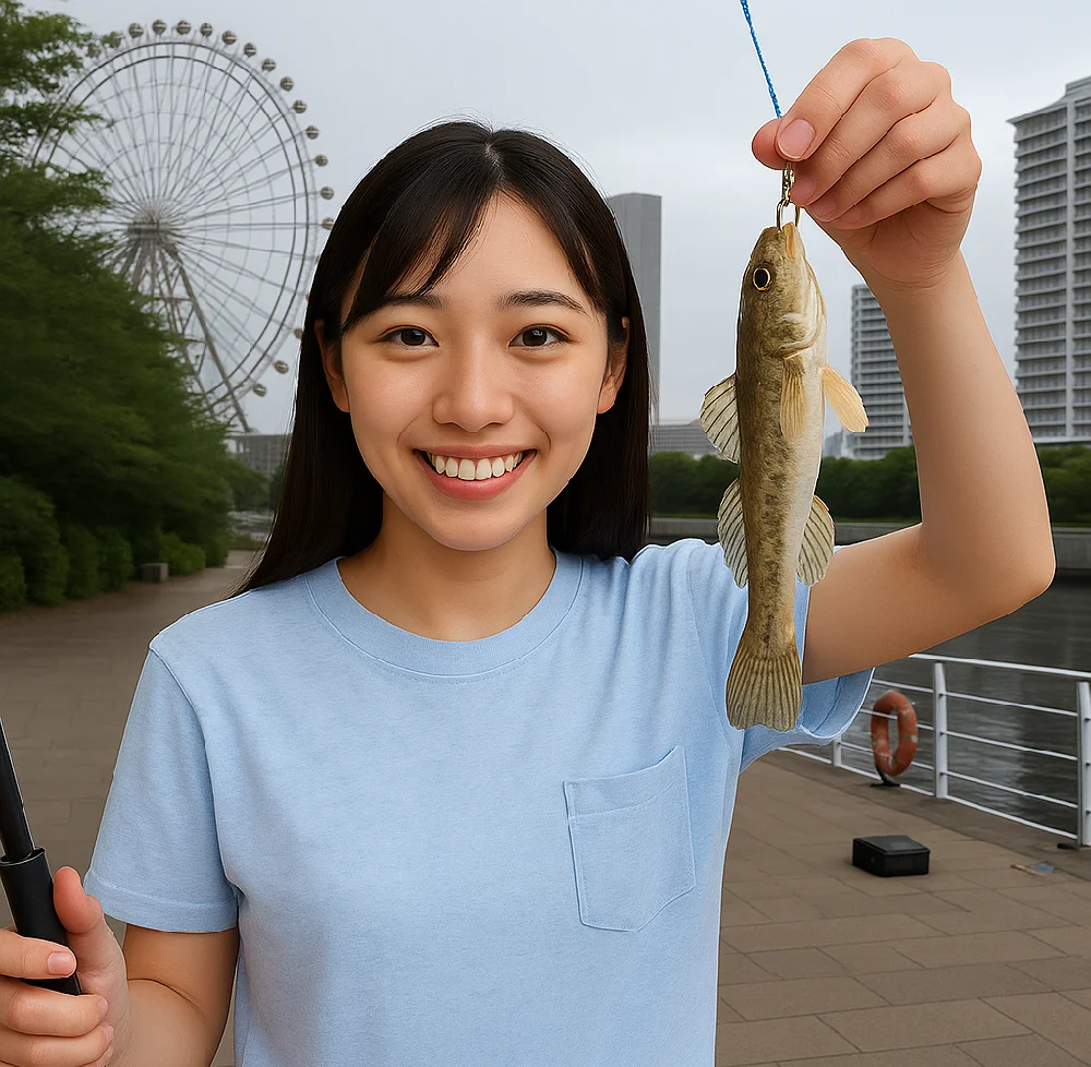 新港パークでハゼを釣った女性