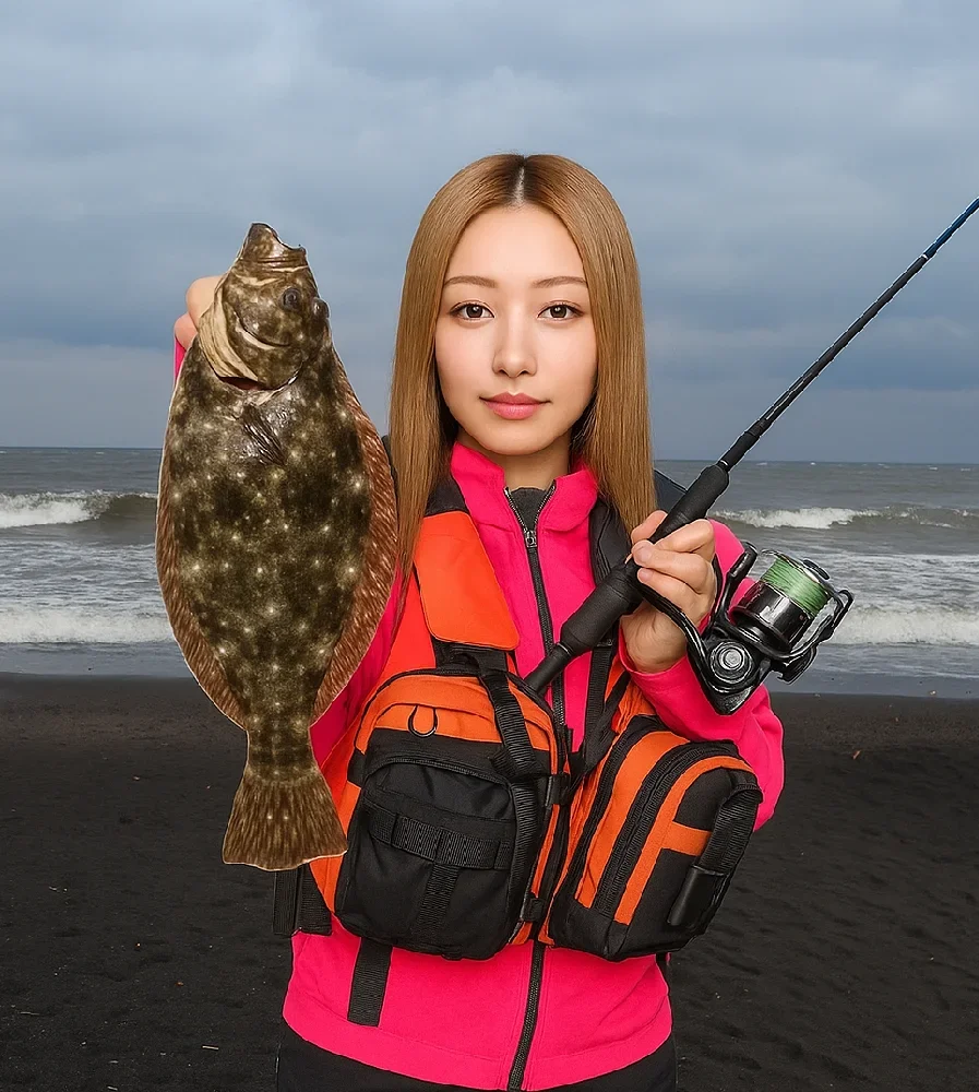 七里ヶ浜でヒラメを釣る女性