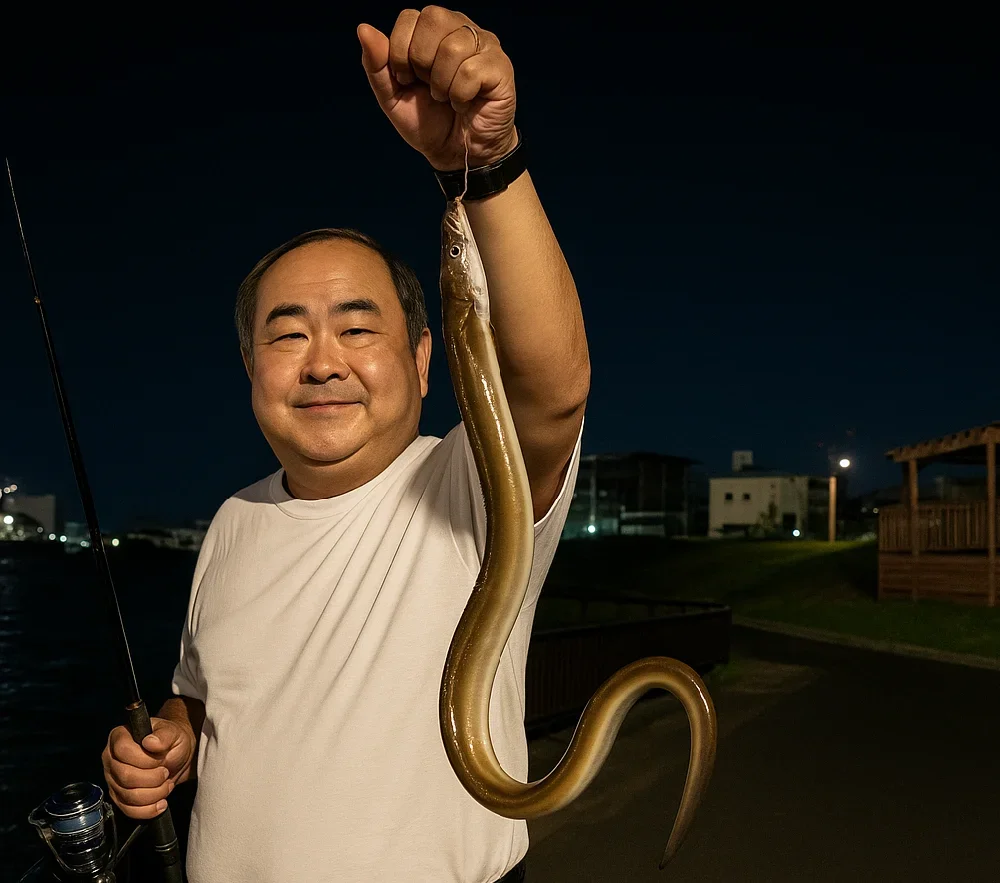 旧江戸川でウナギを釣る持田