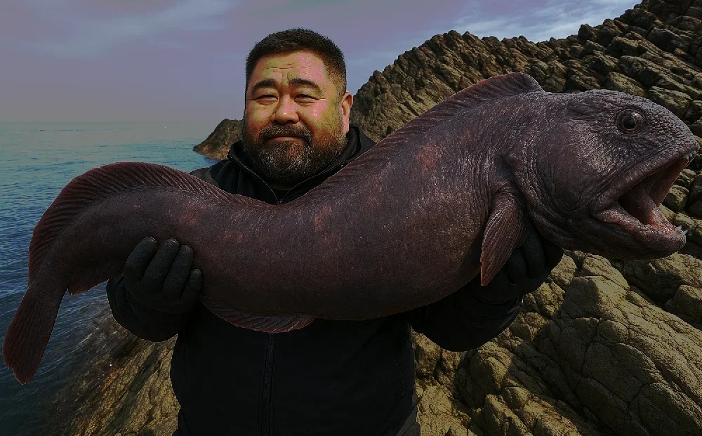 ウトロ崎でオオカミウオを釣る男性