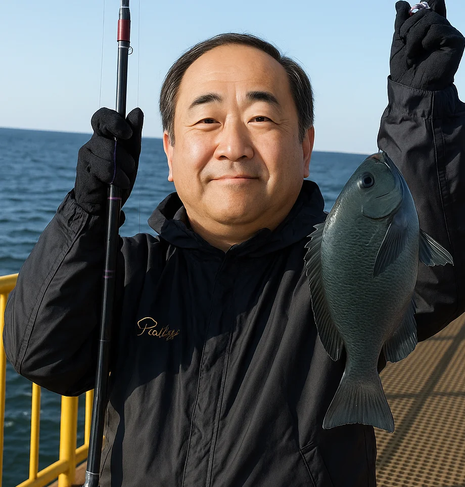 磯子海釣り施設でメジナを釣る男性