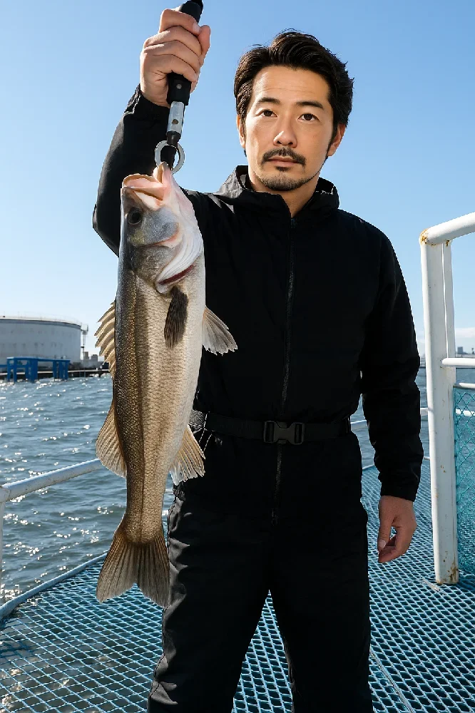 市原海釣り公園のエビ撒きでスズキを釣る佐々木