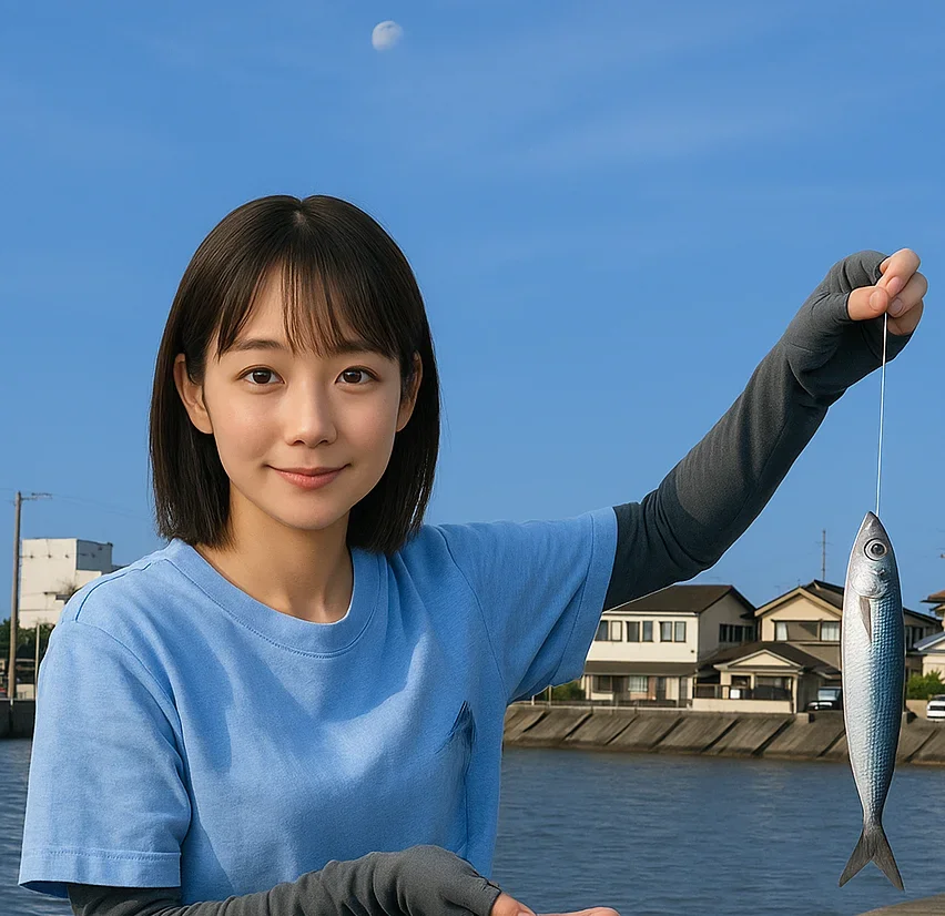 乙浜港でイワシを釣る国生