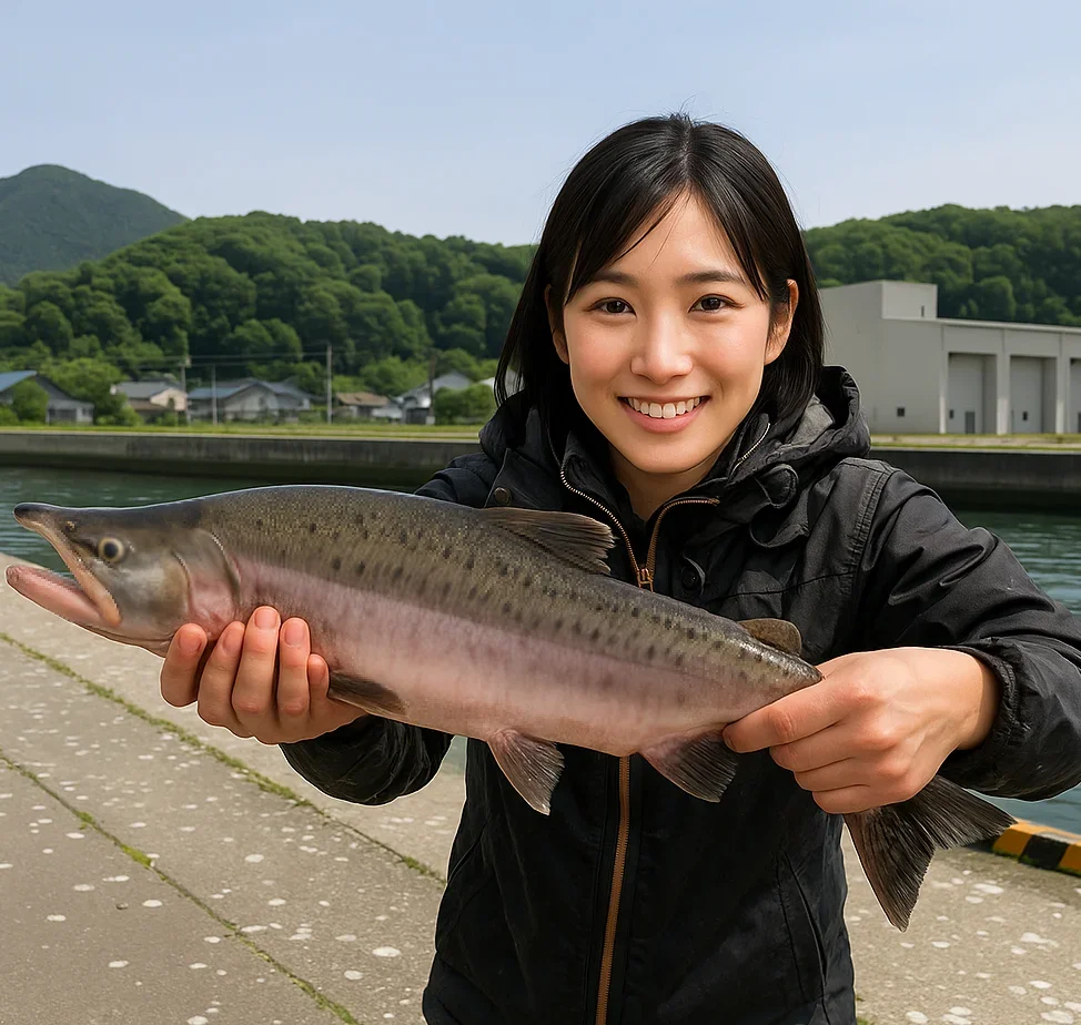 ウトロ漁港でカラフトを釣る女性