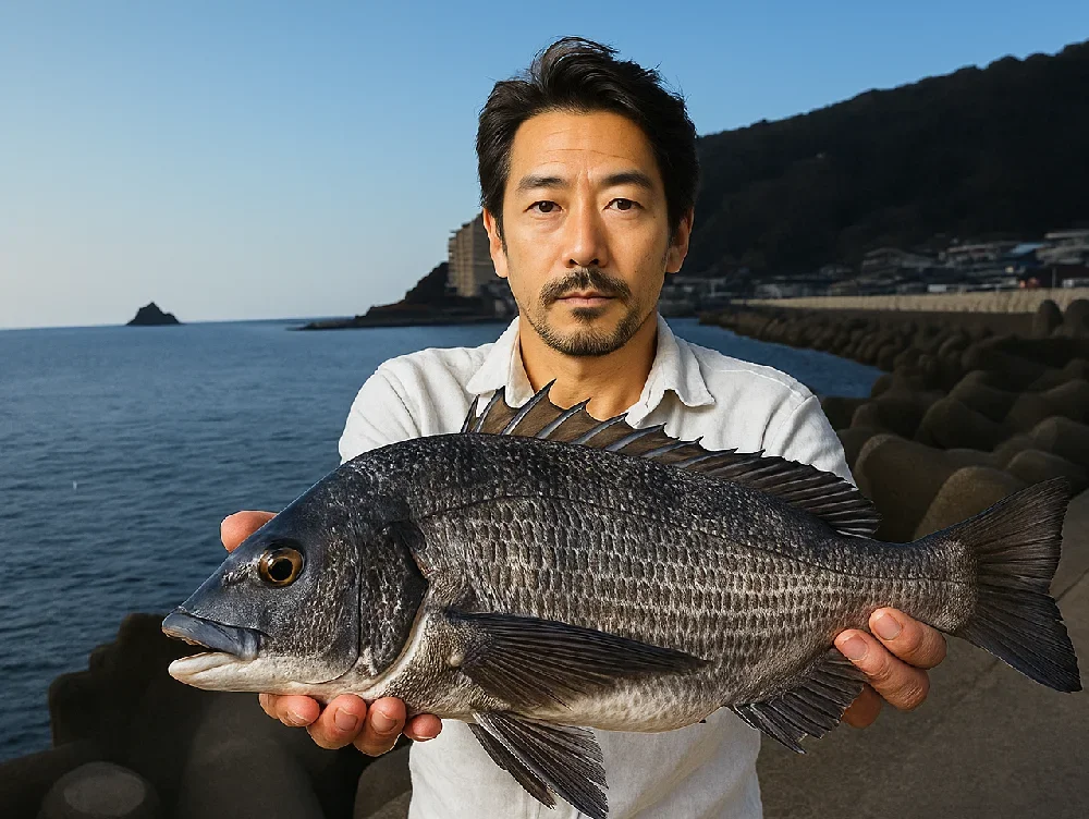 伊東港でクロダイを釣る佐々木