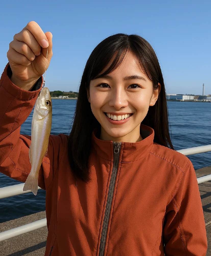 根岸港でシロギスを釣る女性