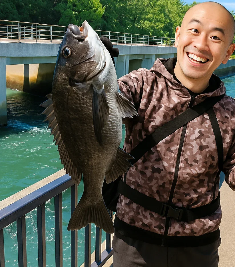 碧南海釣り広場排水口でチヌを釣るがんだま君