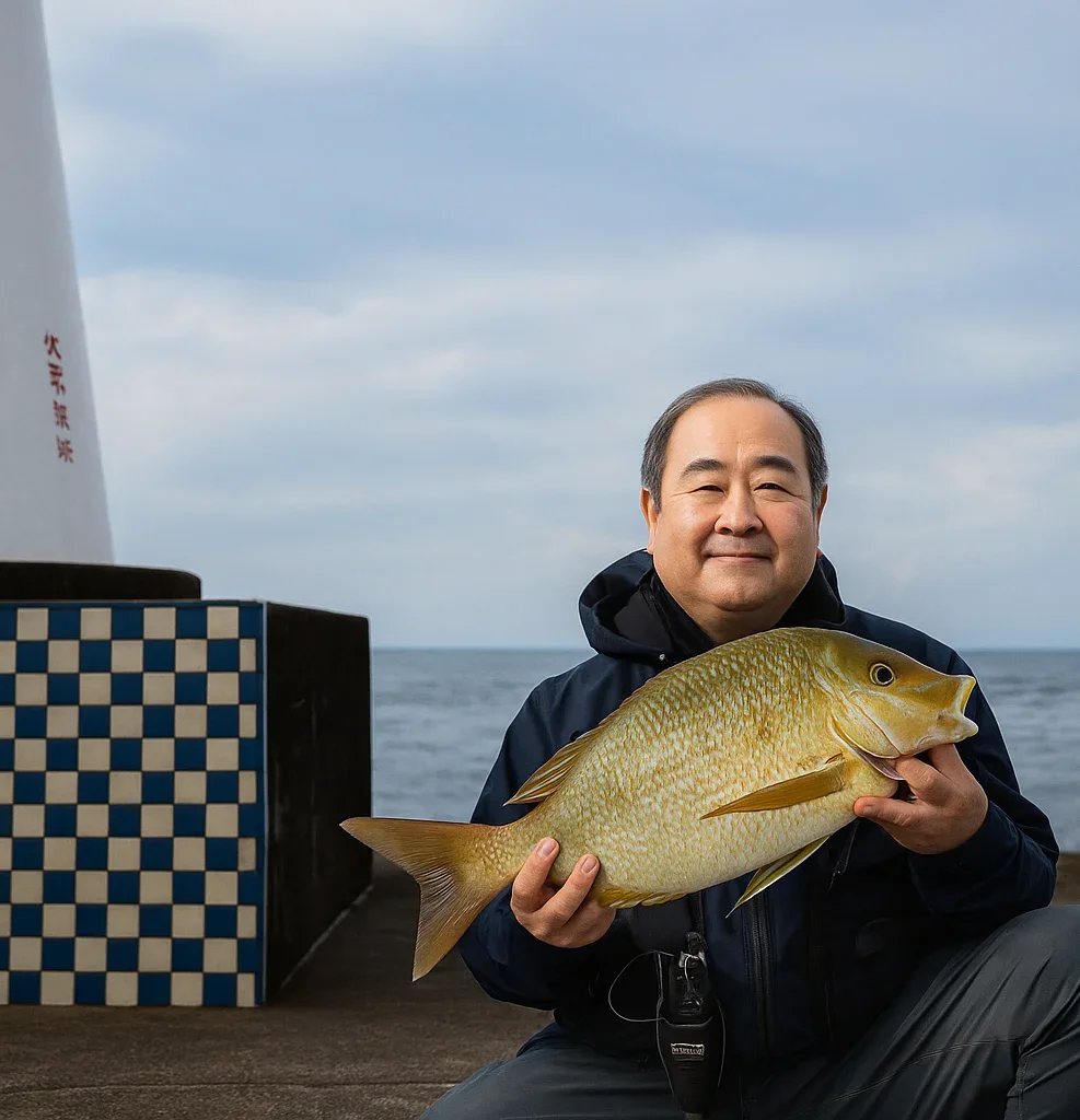 伊豆大島岡田港でハマフエフキを釣る持田