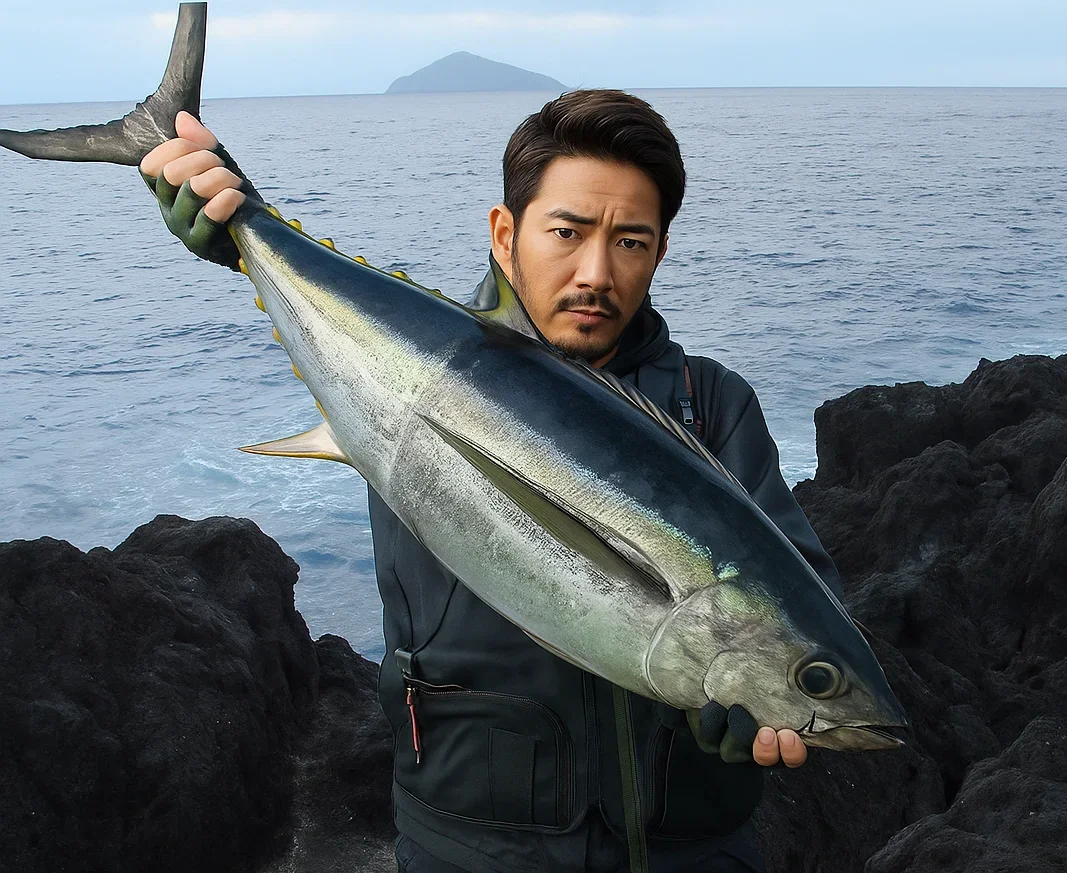 伊豆大島赤岩でキハダマグロを釣る広岡