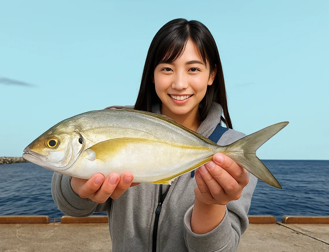 利島港でシマアジを釣る黒川